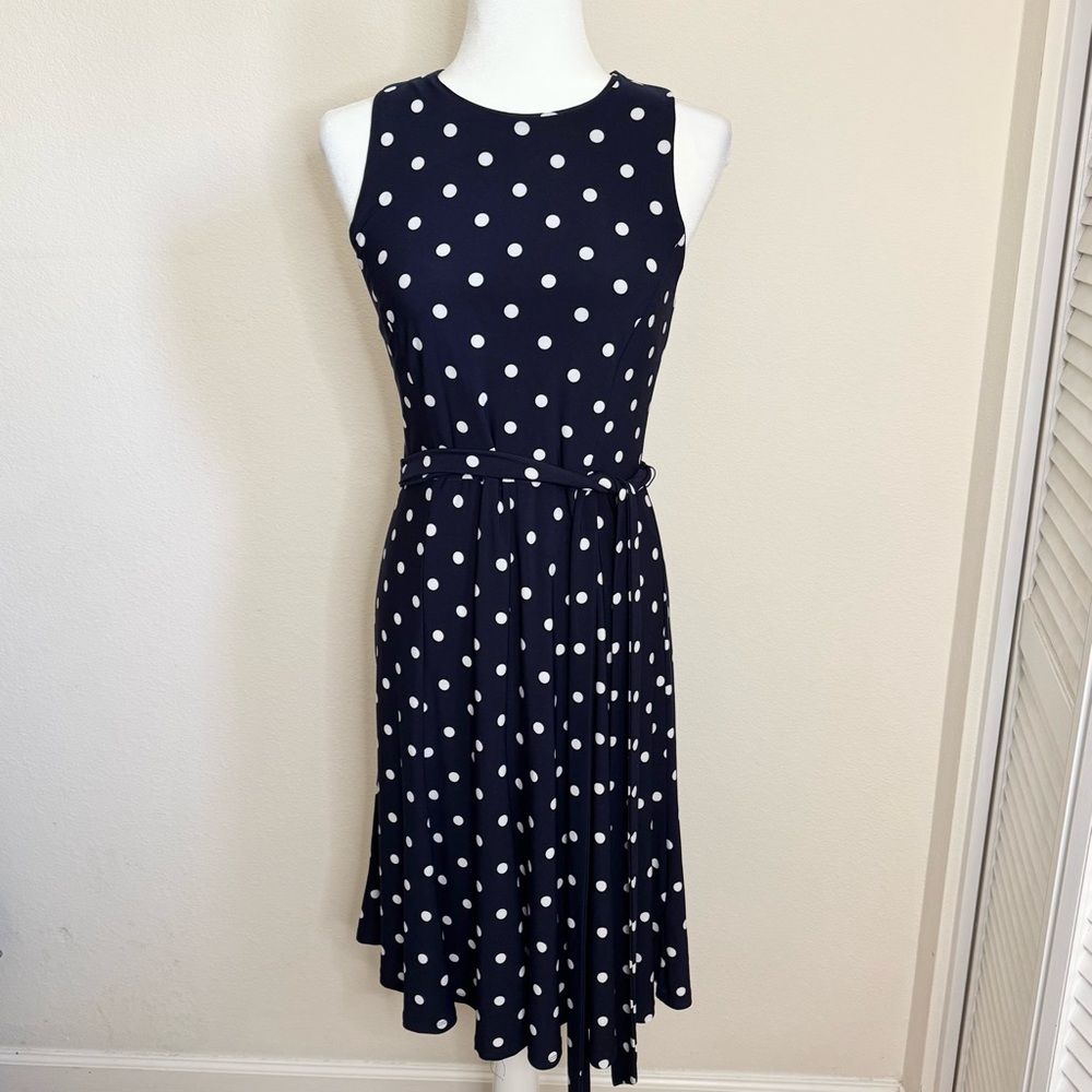 Lauren Ralph Lauren Navy and White Polka Dot Dress Tie Waist 2